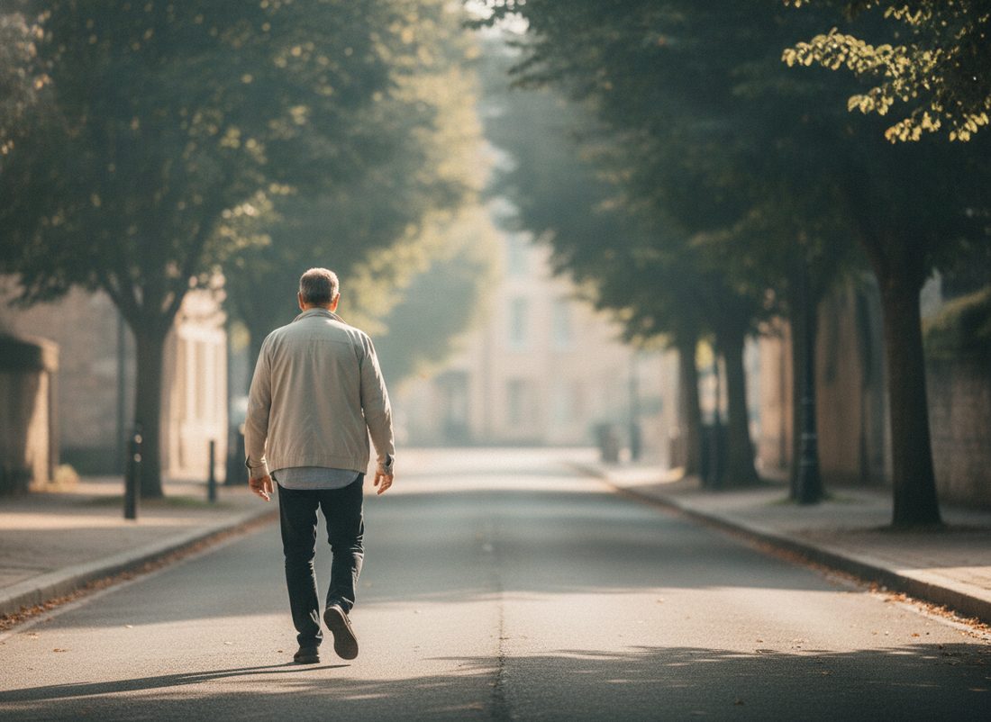 A man walking on a quiet tree-lined street in the morning